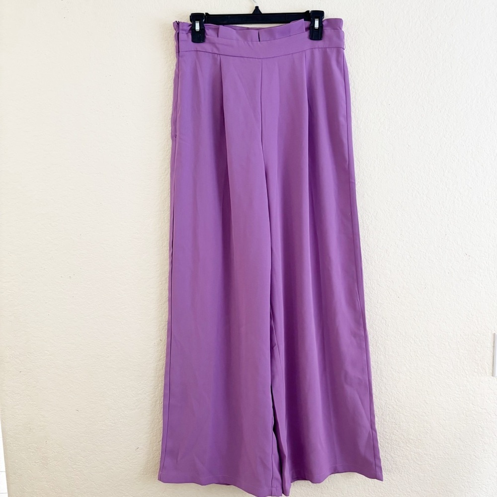 SHEIN Wide Leg Pants Size L Purple High Waisted Pleated Trousers JIT8942029